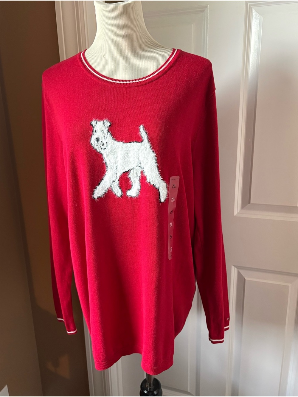 TOMMY HILFIGER red sweater with white fluffy dog XL NWT